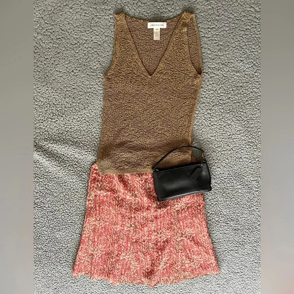 Styled Le Suit Skirt, Jones Sweater Tank, Coach Wristlet, Amrita Singh Earrings